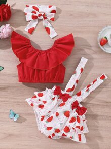 嬰兒女孩荷葉邊上衣＆草莓印花蝴蝶結孫褲＆髮帶 - 紅白色 - 查看 1