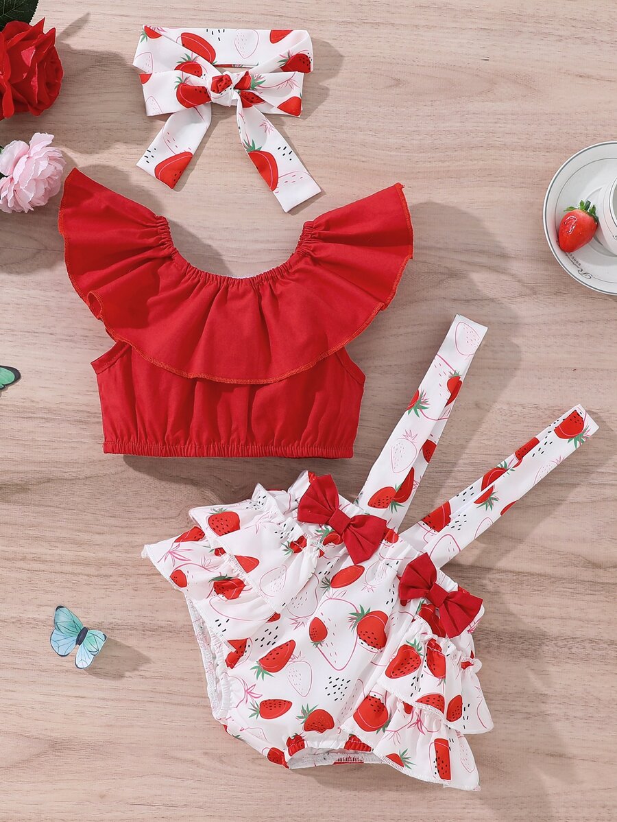 嬰兒女孩荷葉邊上衣＆草莓印花蝴蝶結孫褲＆髮帶 - 紅白色 - 查看 1