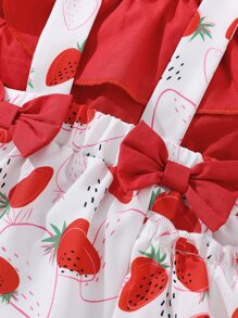 嬰兒女孩荷葉邊上衣＆草莓印花蝴蝶結孫褲＆髮帶 - 紅白色 - 查看 3