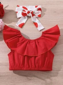 嬰兒女孩荷葉邊上衣＆草莓印花蝴蝶結孫褲＆髮帶 - 紅白色 - 查看 4