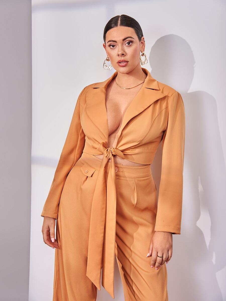 SHEIN X Joanna 大碼前打結短版西裝 - 橘色 - 查看 1