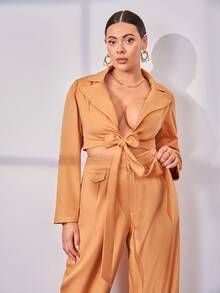 SHEIN X Joanna 大碼前打結短版西裝 - 橘色 - 查看 3