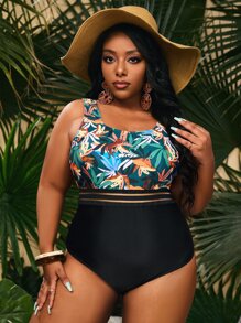 SHEIN Swim Curve Plus Tropical Print Mesh Panel One Piece Swimsuit,Summer Beach - Multicolor - View 1