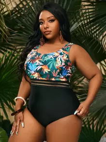 SHEIN Swim Curve Plus Tropical Print Mesh Panel One Piece Swimsuit,Summer Beach - Multicolor - View 3