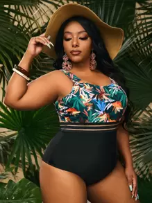 SHEIN Swim Curve Plus Tropical Print Mesh Panel One Piece Swimsuit,Summer Beach - Multicolor - View 4