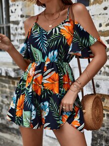 SHEIN VCAY Tropical Print Cold Shoulder Romper - Multicolor - View 2