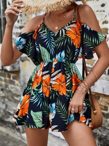 SHEIN VCAY Tropical Print Cold Shoulder Romper - Multicolor - View 4