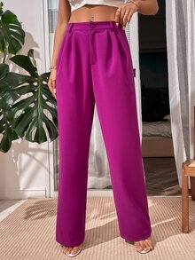 SHEIN Unity Slant Pocket Fold Pleated Tailored Trousers - Violet Purple - View 3