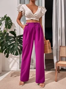 SHEIN Unity Slant Pocket Fold Pleated Tailored Trousers - Violet Purple - View 4