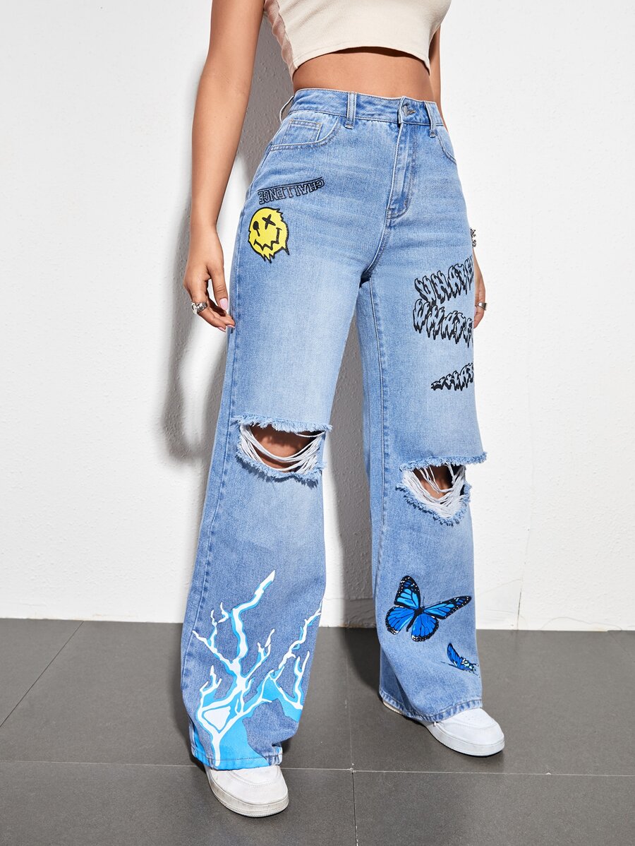 SHEIN EZwear 蝴蝶和字母圖案破洞牛仔褲 - 淺色水洗藍 - 查看 1