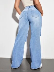 SHEIN EZwear 蝴蝶和字母圖案破洞牛仔褲 - 淺色水洗藍 - 查看 2