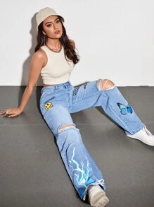 SHEIN EZwear 蝴蝶和字母圖案破洞牛仔褲 - 淺色水洗藍 - 查看 5