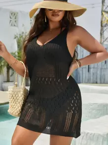 SHEIN Swim Curve Plus Hollow Out Cover Up Without Bikini - Black - View 1