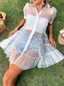 Soleia 1pc Polka Dot Puff Sleeve Ruffle Hem Sheer Mesh Dress