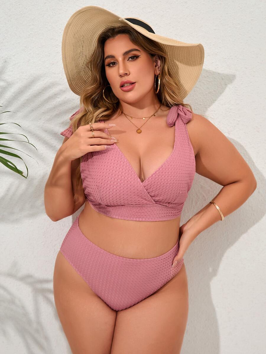 Plus Size Tie Shoulder High Waist Bikini Set Summer Beach - Dusty Pink - View 1