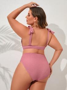Plus Size Tie Shoulder High Waist Bikini Set Summer Beach - Dusty Pink - View 2