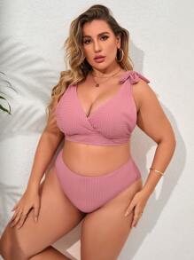 Plus Size Tie Shoulder High Waist Bikini Set Summer Beach - Dusty Pink - View 3