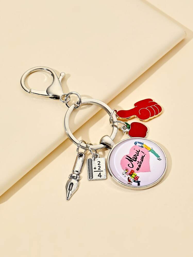 1pc Men Letter Graphic Round & Apple Charm Fashionable Keychain For Daily Life - Multicolor - View 1