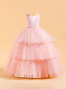 Váy dạ hội dài cho các cô gái tuổi teen - Áo choàng chữ A xếp tầng Organza Satin Tulle, thích hợp cho sàn catwalk, tiệc tối, tổ chức - Màu Hồng  San hô - Xem 1