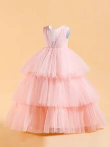 Váy dạ hội dài cho các cô gái tuổi teen - Áo choàng chữ A xếp tầng Organza Satin Tulle, thích hợp cho sàn catwalk, tiệc tối, tổ chức - Màu Hồng  San hô - Xem 3