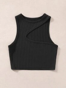 SHEIN Unity 條紋針織不對稱背心上衣 - 黑色 - 查看 3