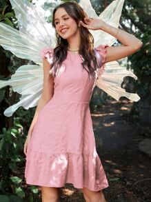 SHEIN VCAY Textured Layered Sleeve Ruffle Hem Dress - Pink - View 1