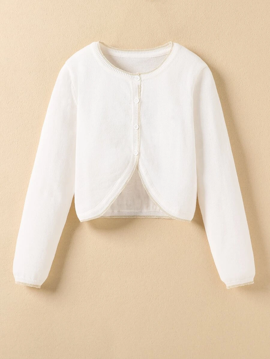 SHEIN Girls Striped Trim Cardigan - White - View 1