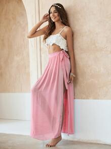 SHEIN Swim 纯色结饰侧边遮盖裙，适合夏季海滩度假