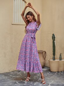SHEIN Clasi 印花腰帶荷葉邊連衣裙 - 彩色 - 查看 3