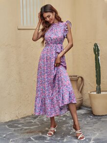 SHEIN Clasi 印花腰帶荷葉邊連衣裙 - 彩色 - 查看 4