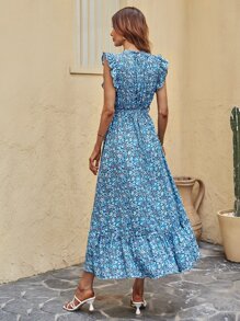 SHEIN LUNE 印花腰帶荷葉邊連衣裙 - 藍色 - 查看 2