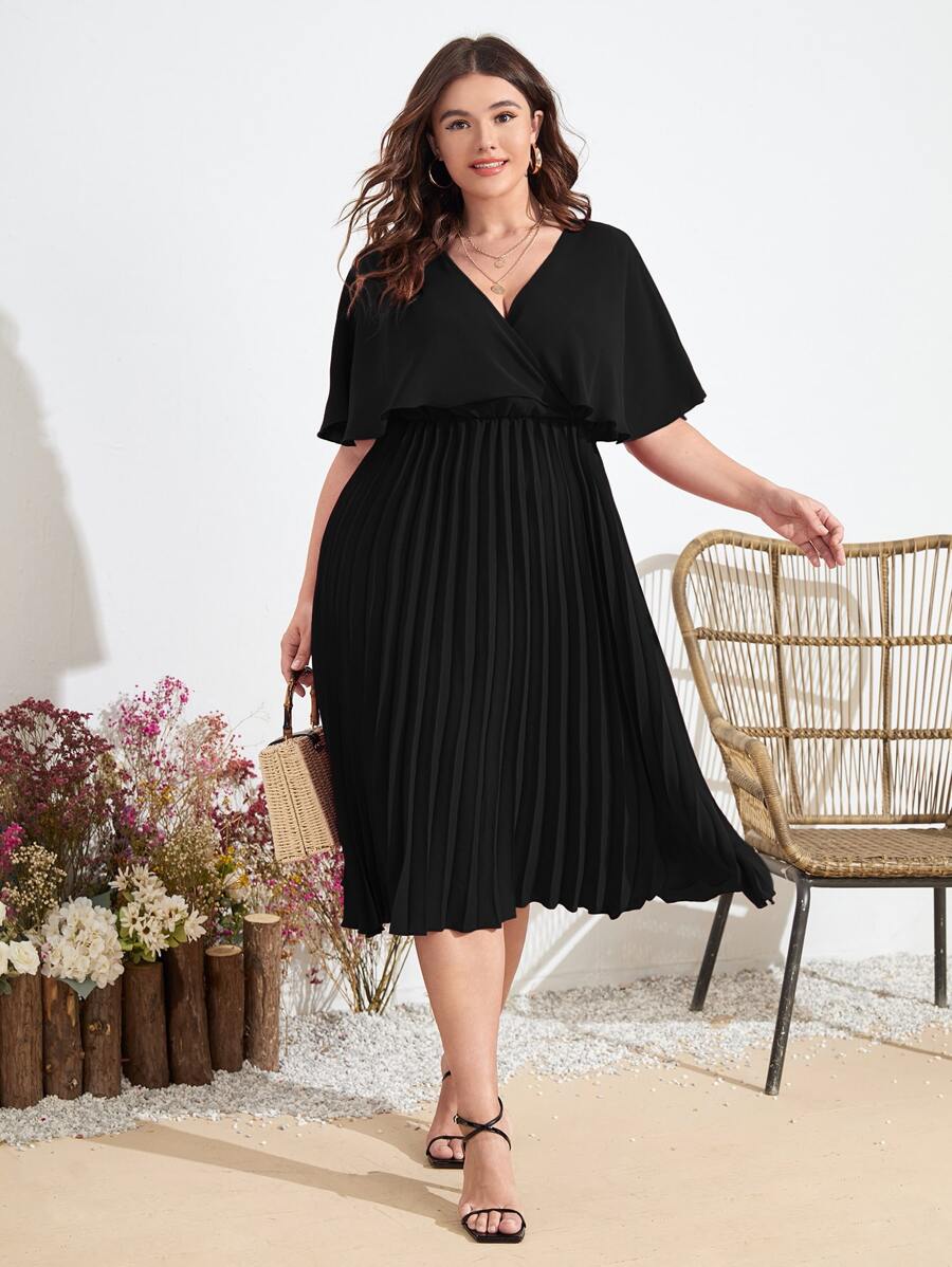 Plus Surplice Neck Pleated Hem Dress - Black - View 1