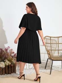 Plus Surplice Neck Pleated Hem Dress - Black - View 2