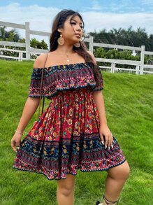 SHEIN VCAY Đầm Plus Size Xù Hoa Boho - Nhiều màu - Xem 5