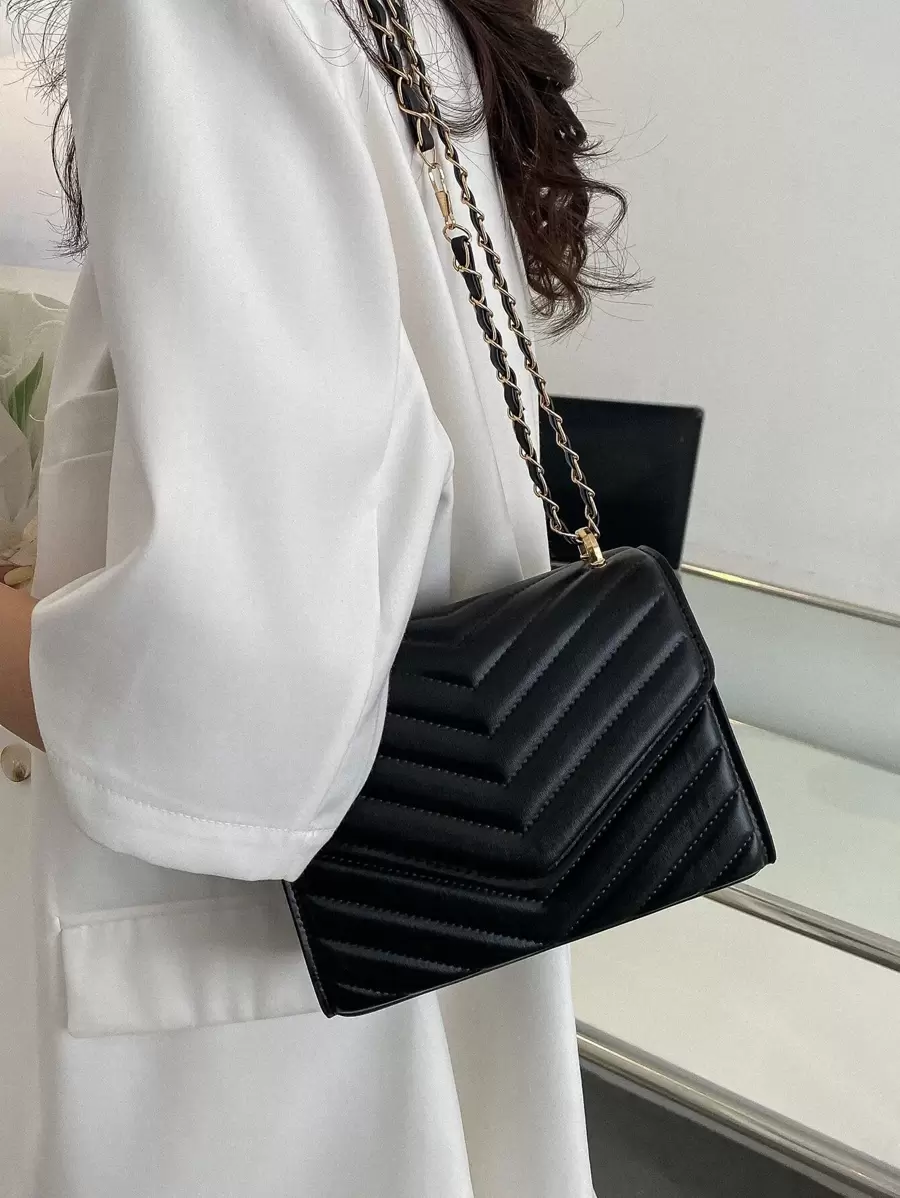 Mini Chevron Flap Square Bag - Black - View 1