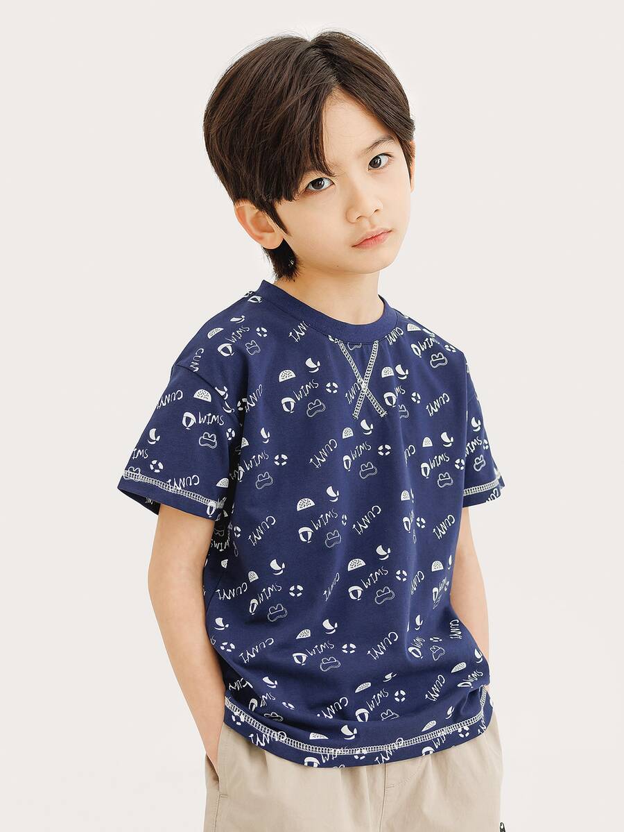 Niños Camiseta con estampado de letra y dibujos animados con puntada - Azul Marino - Ver 1