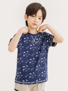 Niños Camiseta con estampado de letra y dibujos animados con puntada - Azul Marino - Ver 4