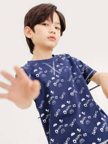 Niños Camiseta con estampado de letra y dibujos animados con puntada - Azul Marino - Ver 5