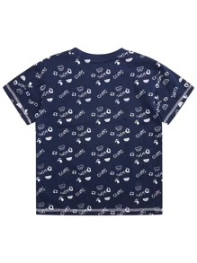 Niños Camiseta con estampado de letra y dibujos animados con puntada - Azul Marino - Ver 6