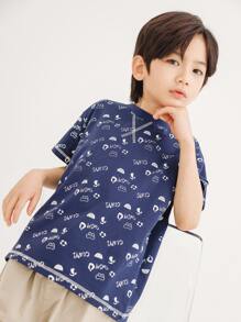 Niños Camiseta con estampado de letra y dibujos animados con puntada - Azul Marino - Ver 8