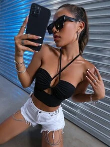 SHEIN VaVaLuxe Camis Backless Criss Cross Memotong Tie Back Plain Seksi - Hitam - View 5