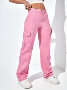 SHEIN EZwear High Waist Cargo Jeans - Baby Pink - View 1