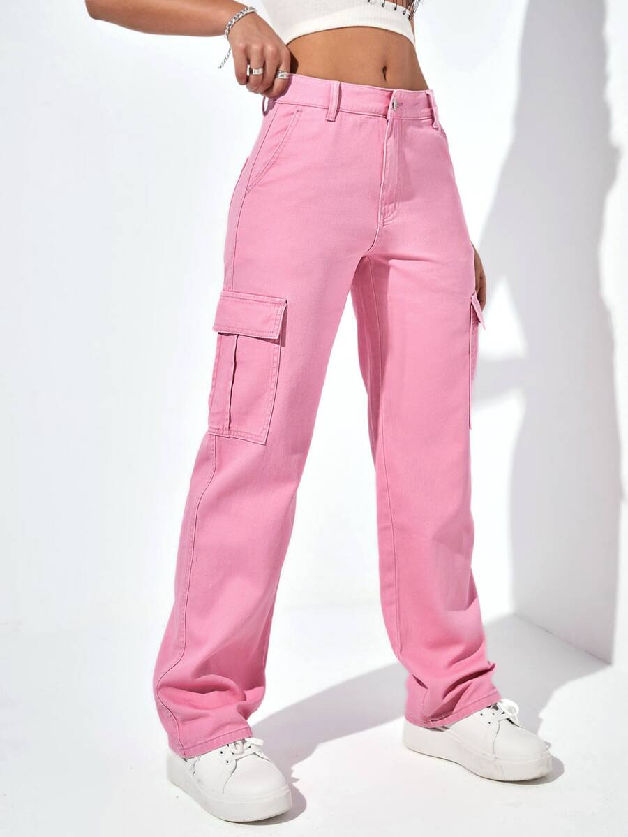SHEIN EZwear High Waist Cargo Jeans - Baby Pink - View 1