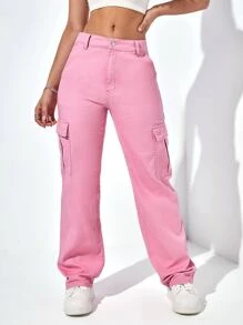 SHEIN EZwear High Waist Cargo Jeans - Baby Pink - View 4
