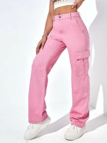 SHEIN EZwear High Waist Cargo Jeans - Baby Pink - View 5