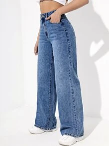 SHEIN EZwear High Waist Wide Leg Jeans - Medium Wash - View 5