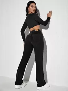 SHEIN Unity 字母补丁喇叭腿灯芯绒裤，女士春秋休闲纽扣、补丁、口袋、拉链高腰喇叭腿长黑色灯芯绒常规版型女裤，休闲日常穿着 - 黑色 - 查看 2