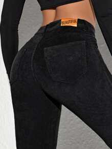 SHEIN Unity 字母补丁喇叭腿灯芯绒裤，女士春秋休闲纽扣、补丁、口袋、拉链高腰喇叭腿长黑色灯芯绒常规版型女裤，休闲日常穿着 - 黑色 - 查看 5