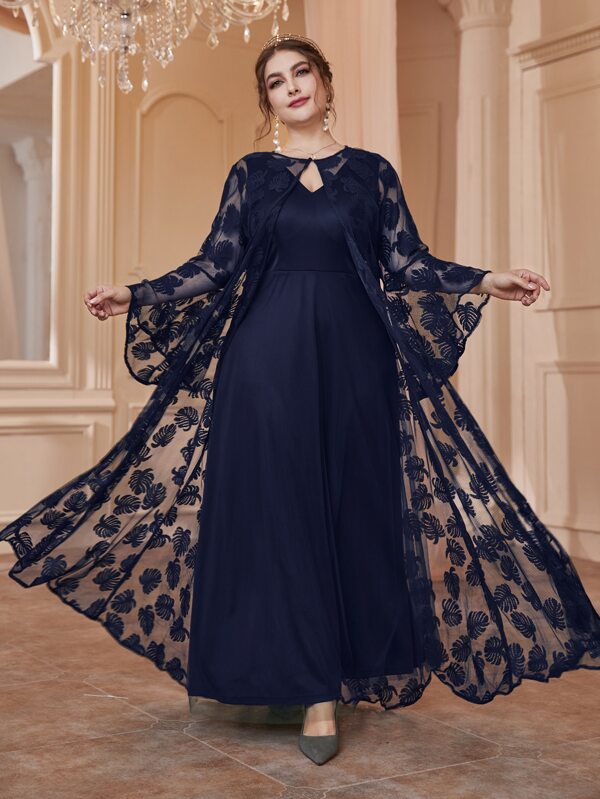 Modelyn Plus Solid Dress & Flounce Sleeve Lace Coat Maxi Women Outfit