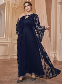 Modelyn 大碼素色連衣裙和荷葉袖蕾絲外套 - 藏蓝色 - 查看 4